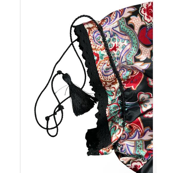 Pura Vida Black Boho Floral Short Dress Short Sleeves Tassel Ties Women's Size 4 - Picture 3 of 8